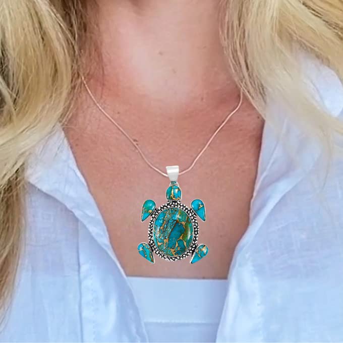 Turtle Turquoise Pendant Necklace 20" Sterling Silver 925 Genuine Gemstones (Choose Color)
