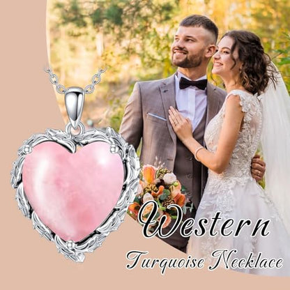 Genuine Gemstone Heart Necklaces for Women 925 Sterling Silver Natural Turquoise/Rose Quartz/Moonstone Pendant Vintage Western Jewelry Gift for Mom Wife Her