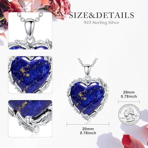 Genuine Gemstone Heart Necklaces for Women 925 Sterling Silver Natural Turquoise/Rose Quartz/Moonstone Pendant Vintage Western Jewelry Gift for Mom Wife Her