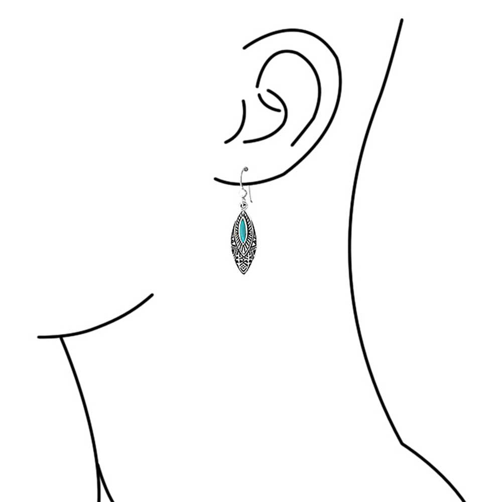 Boho Native American Style Marquise Shaped Gemstone Stabilized Blue Turquoise Coral Leaf Feather Dangling Earrings Western Jewelry For Women Teens Lever Back Oxidized .925 Sterling Silver