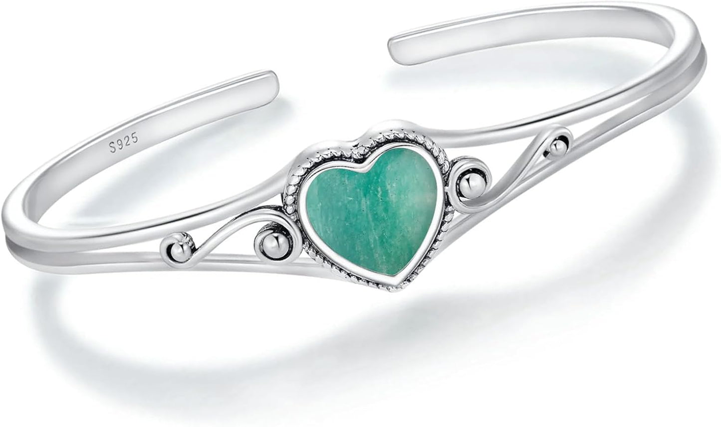 Genuine Turquoise Bracelet, Sterling Silver Native American Boho Adjustable Heart Bangle Cuff Jewelry for Women, Fit for 6.5 7 7.5 Inches