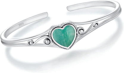Genuine Turquoise Bracelet, Sterling Silver Native American Boho Adjustable Heart Bangle Cuff Jewelry for Women, Fit for 6.5 7 7.5 Inches