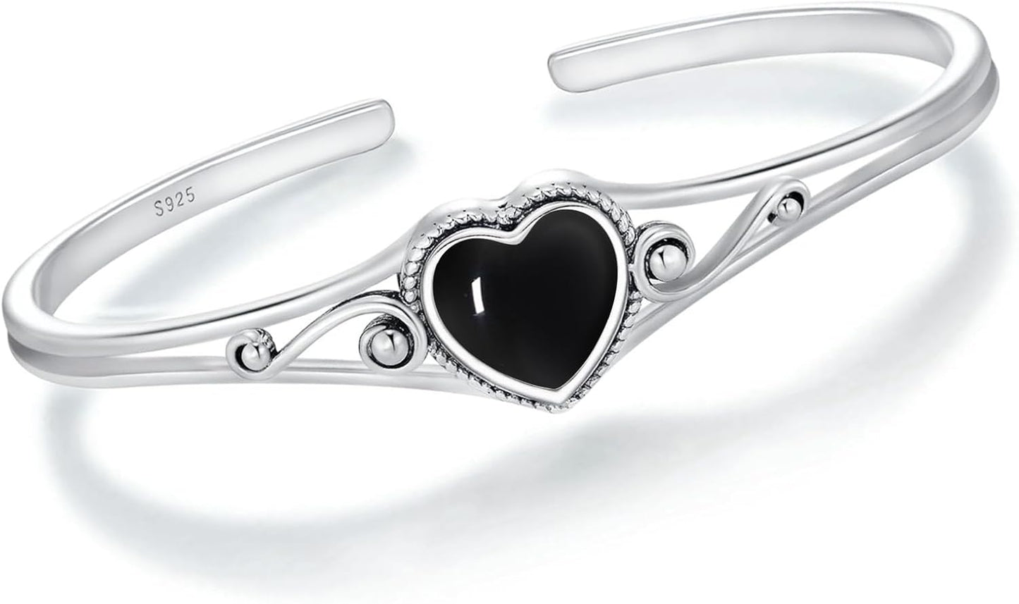 Genuine Turquoise Bracelet, Sterling Silver Native American Boho Adjustable Heart Bangle Cuff Jewelry for Women, Fit for 6.5 7 7.5 Inches