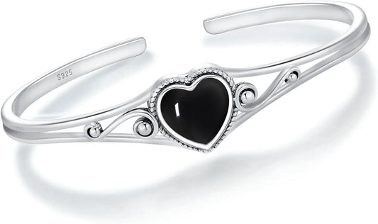 Genuine Turquoise Bracelet, Sterling Silver Native American Boho Adjustable Heart Bangle Cuff Jewelry for Women, Fit for 6.5 7 7.5 Inches