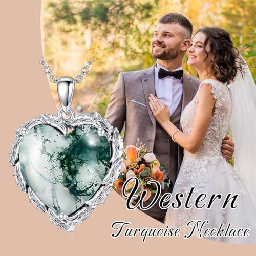 Genuine Gemstone Heart Necklaces for Women 925 Sterling Silver Natural Turquoise/Rose Quartz/Moonstone Pendant Vintage Western Jewelry Gift for Mom Wife Her