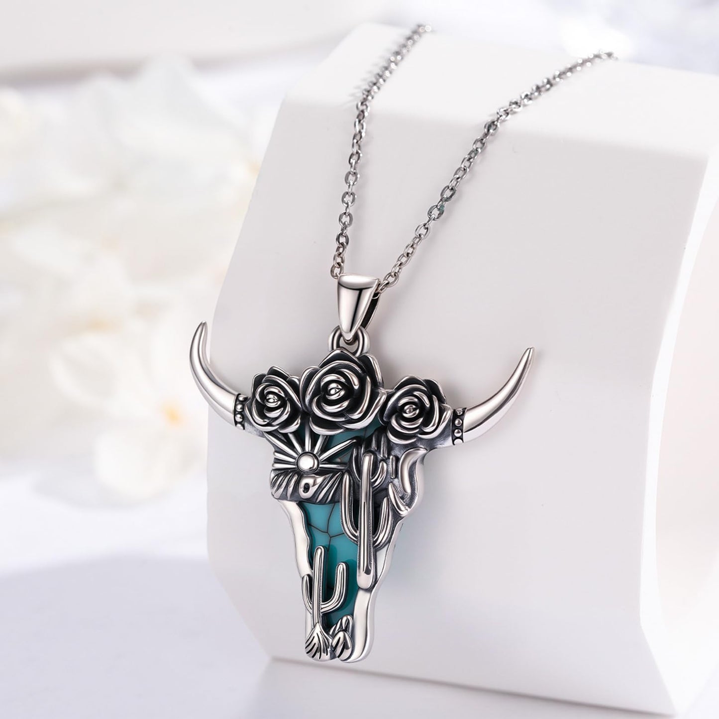 Midir&Etain Western Necklace 925 Sterling Silver Turquoise Pendant Highland Cow/Cow Skull/Hat/Tag/Cactus/Boot Cowgirl Country Jewelry for Women Men