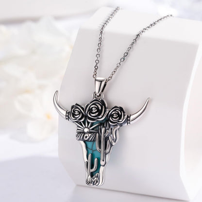 Midir&Etain Western Necklace 925 Sterling Silver Turquoise Pendant Highland Cow/Cow Skull/Hat/Tag/Cactus/Boot Cowgirl Country Jewelry for Women Men
