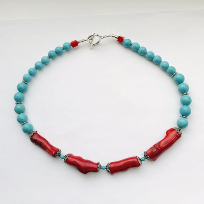 Large Bamboo Coral Beads, Blue Turquoise Beads Southwestern Necklace, Tibetan style spacers Silver Plated Toggle Clasp