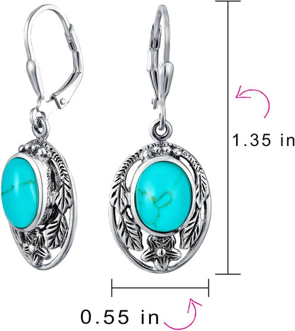 Boho Native American Style Marquise Shaped Gemstone Stabilized Blue Turquoise Coral Leaf Feather Dangling Earrings Western Jewelry For Women Teens Lever Back Oxidized .925 Sterling Silver