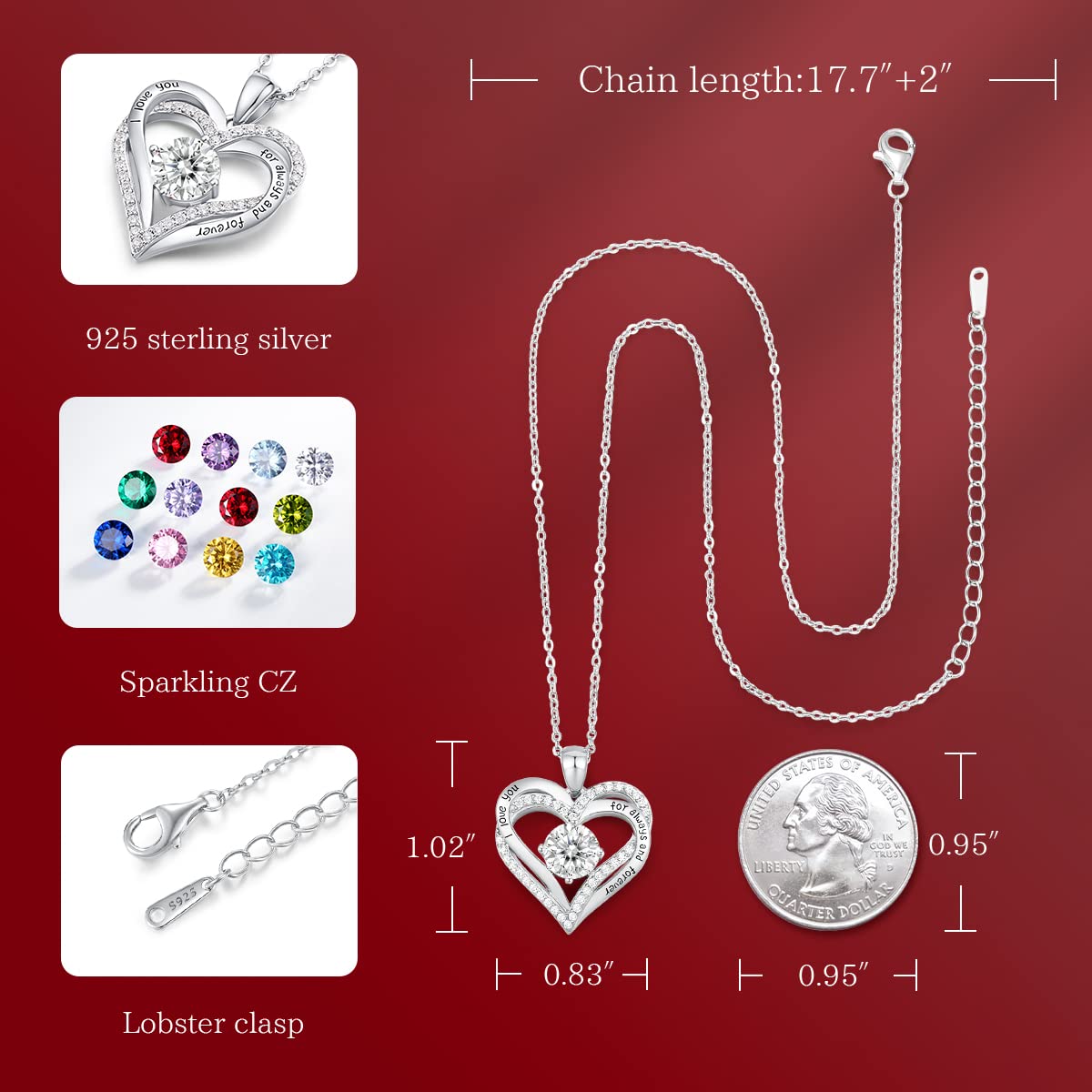 CDE Forever Love Heart Necklaces for Women, Wedding Anniversary, Birthday Mothers Day Christmas Day Gifts for Mom, Mother, Wife, friend, S925 Silver Jewelry with Birthstone Pendant