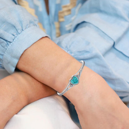 Genuine Turquoise Bracelet, Sterling Silver Native American Boho Adjustable Heart Bangle Cuff Jewelry for Women, Fit for 6.5 7 7.5 Inches