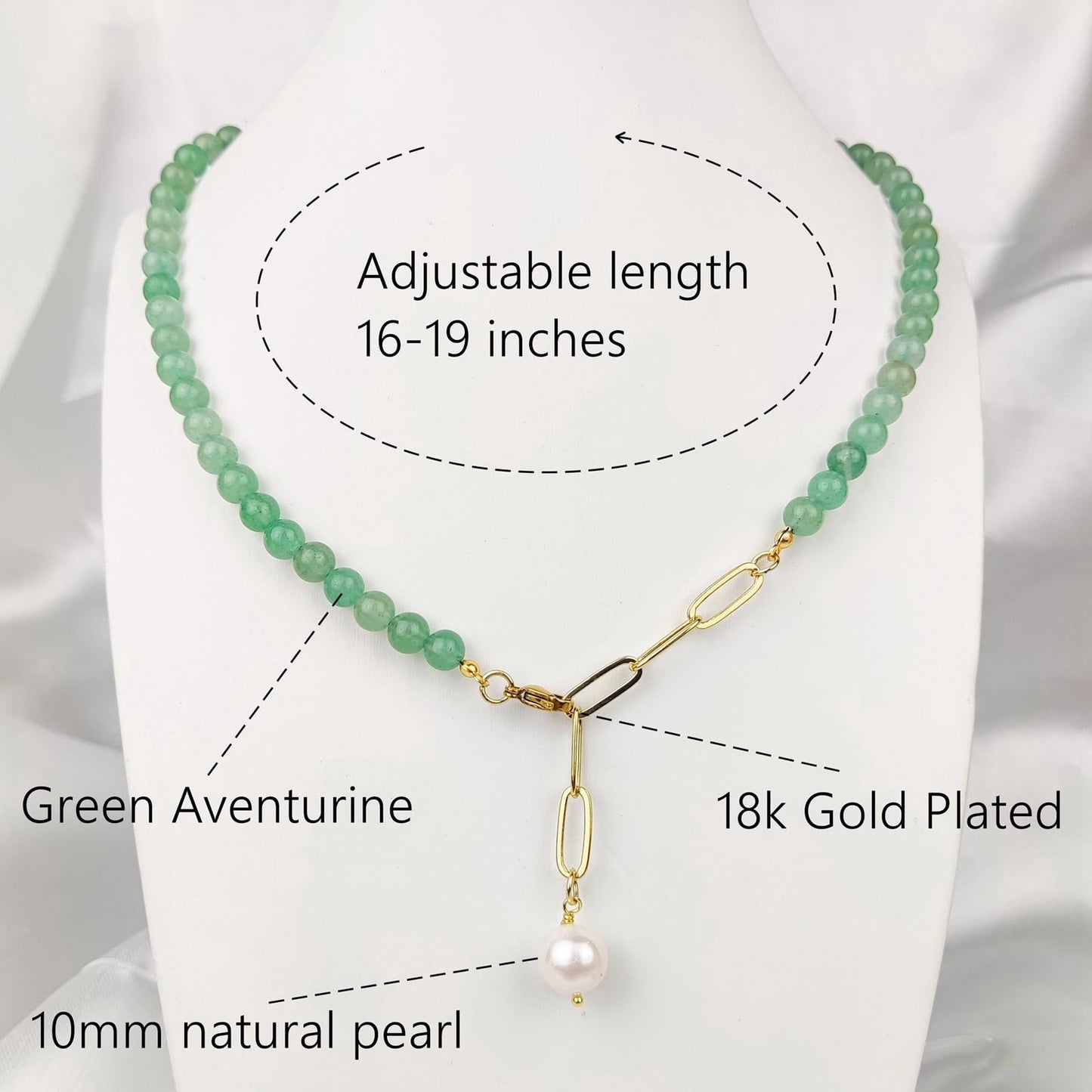 Green Aventurine Jade Necklace, Green Choker Necklace Healing Crystal Necklace with Pearl for Women, Handmade Necklaces Spiritual Jewelry for Women.