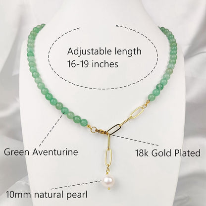 Green Aventurine Jade Necklace, Green Choker Necklace Healing Crystal Necklace with Pearl for Women, Handmade Necklaces Spiritual Jewelry for Women.