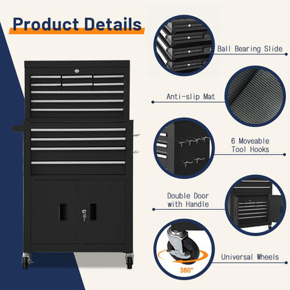 13-Drawer Double Door Rolling Tool Chest, 2 in 1 Detachable Tool Chest,Tool Box with Drawers and Wheels, Large Tool Cabinet with Lock, Metal Standing Toolbox for Garage Workshop-Red