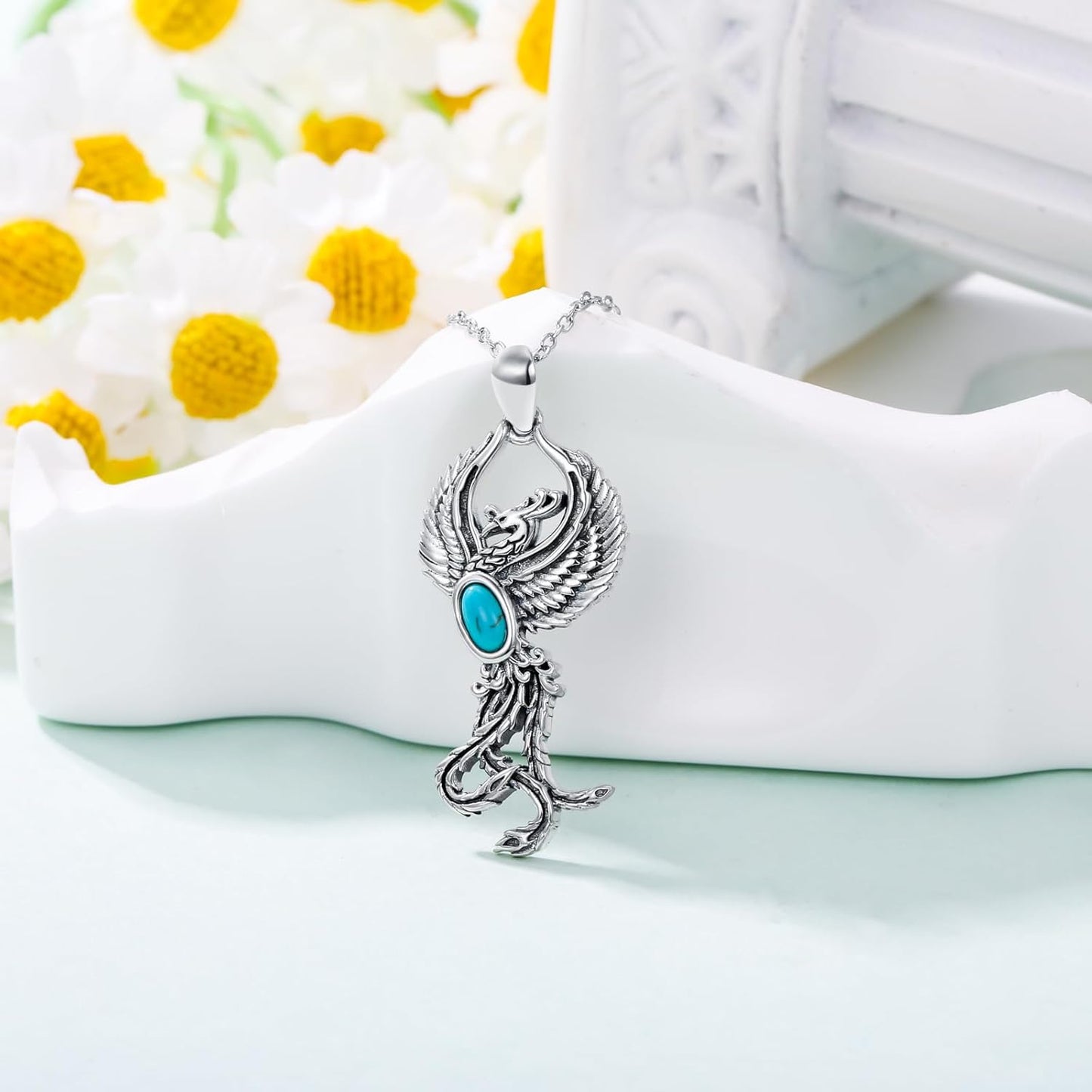 Phoenix Necklace 925 Sterling Silver Genuine Blue Turquoise Symbol of Flames of Rebirth Rising Phoenix Pendant Jewelry Gifts for Women