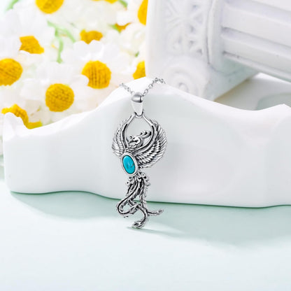 Phoenix Necklace 925 Sterling Silver Genuine Blue Turquoise Symbol of Flames of Rebirth Rising Phoenix Pendant Jewelry Gifts for Women