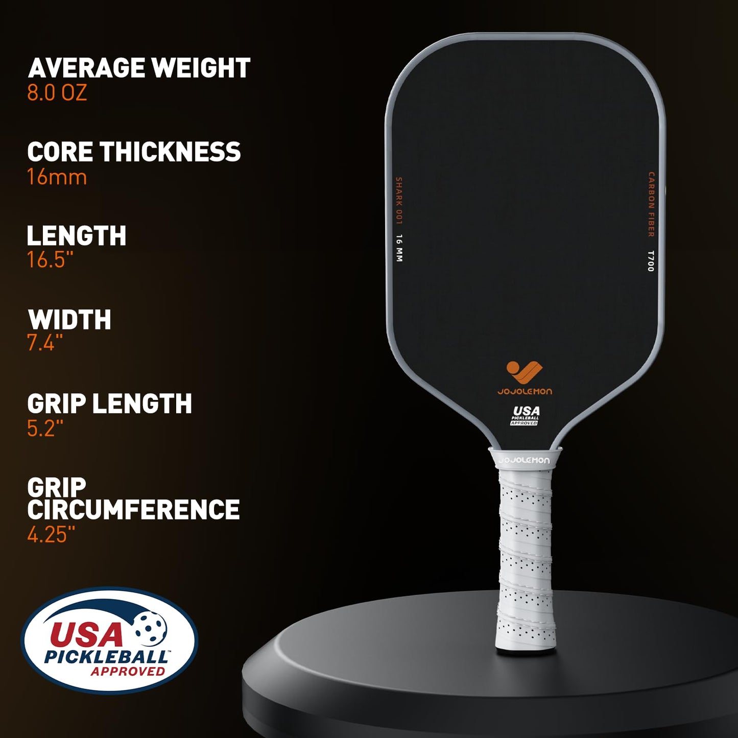 JOJOLEMON Pickleball Paddles, Carbon Fiber Pickleball Paddle with a 16mm Shark Power Polymer Core, The Pickleball Rackets Designed for Ultimate Spin & Consistency