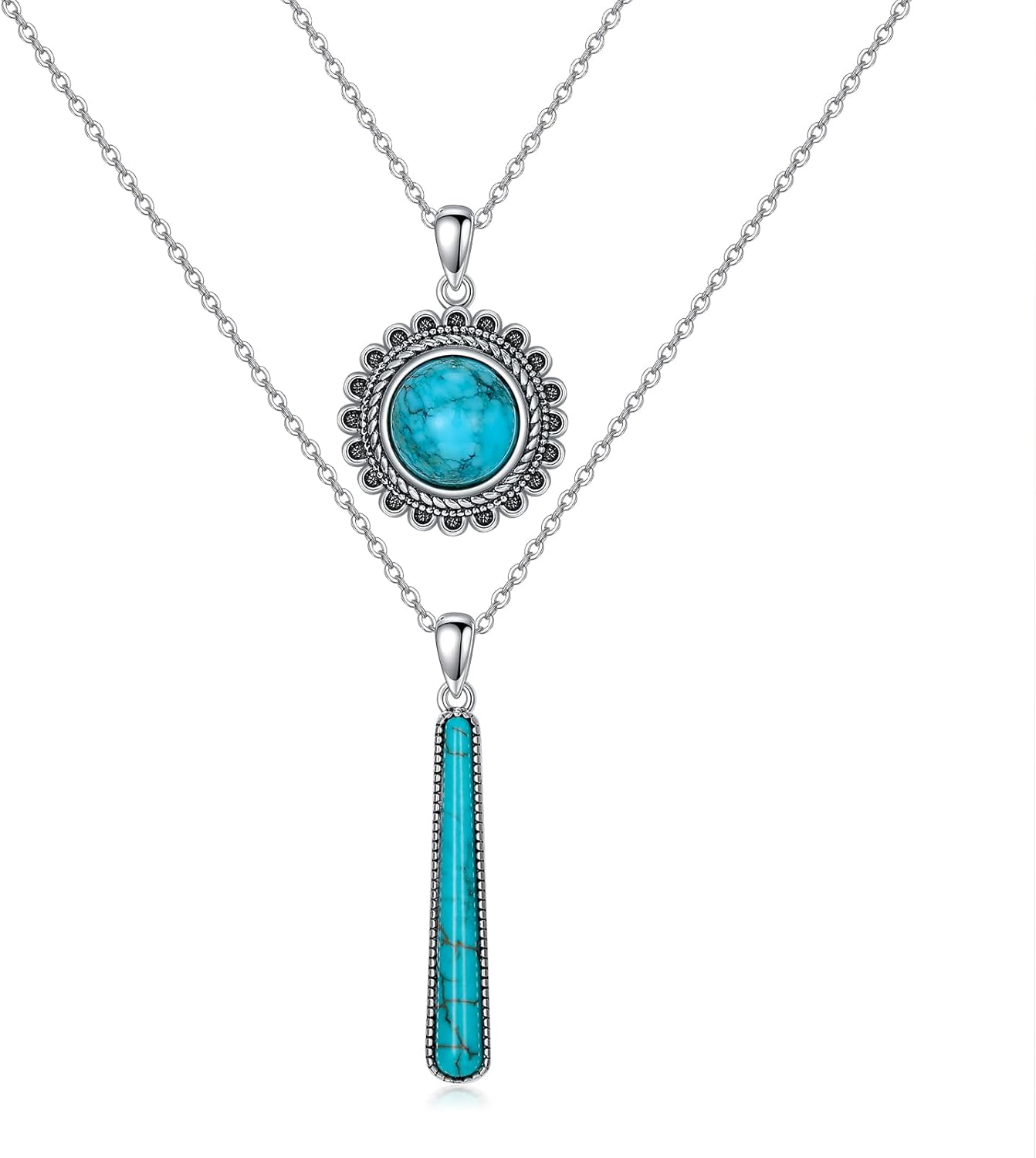 Turquoise Layered Necklace 925 Sterling Silver Genuine Gemstone Turquoise Pendant Boho Jewelry Gifts for Women