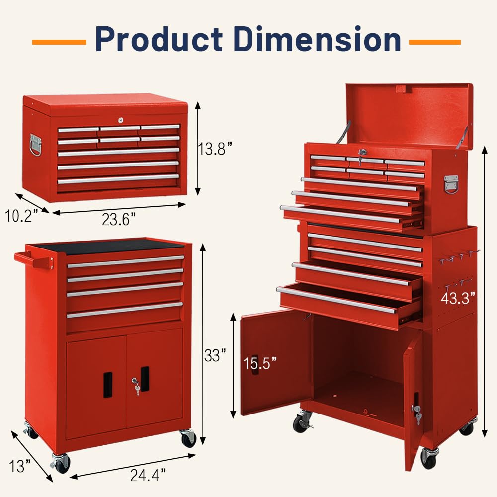 13-Drawer Double Door Rolling Tool Chest, 2 in 1 Detachable Tool Chest,Tool Box with Drawers and Wheels, Large Tool Cabinet with Lock, Metal Standing Toolbox for Garage Workshop-Red