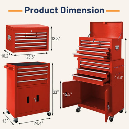 13-Drawer Double Door Rolling Tool Chest, 2 in 1 Detachable Tool Chest,Tool Box with Drawers and Wheels, Large Tool Cabinet with Lock, Metal Standing Toolbox for Garage Workshop-Red