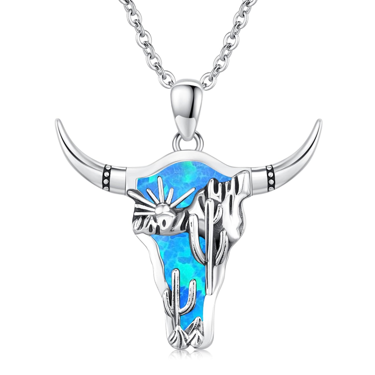 Midir&Etain Western Necklace 925 Sterling Silver Turquoise Pendant Highland Cow/Cow Skull/Hat/Tag/Cactus/Boot Cowgirl Country Jewelry for Women Men