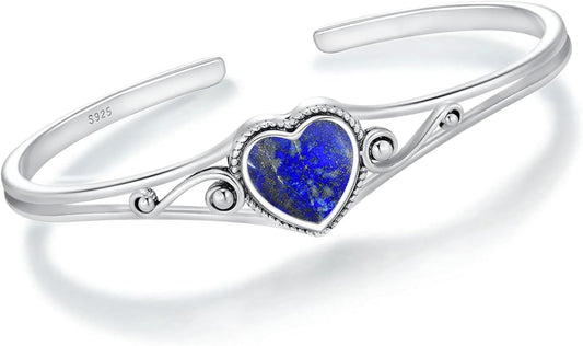 Genuine Turquoise Bracelet, Sterling Silver Native American Boho Adjustable Heart Bangle Cuff Jewelry for Women, Fit for 6.5 7 7.5 Inches