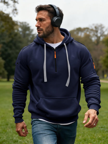 Men's Fleece Workout Athletic Pullover Hoodie Long Sleeve Basic Quarter Zip Pullover Sweatshirt with Kanga Pocket