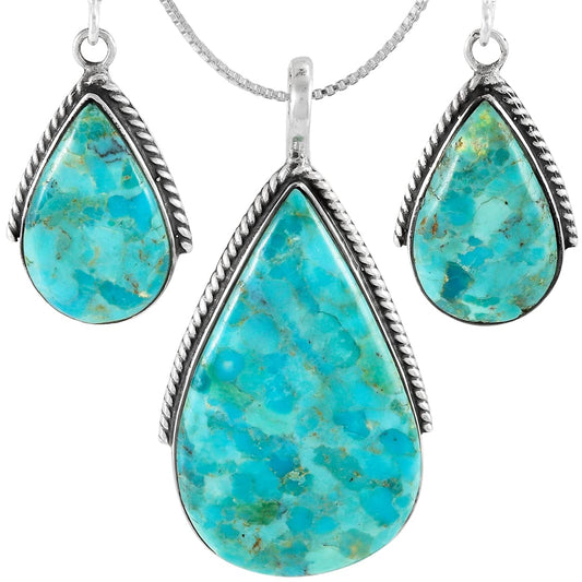 Turquoise Network Genuine Gemstones Necklace Earrings Pendant Set in 925 Sterling Silver (24" Length)