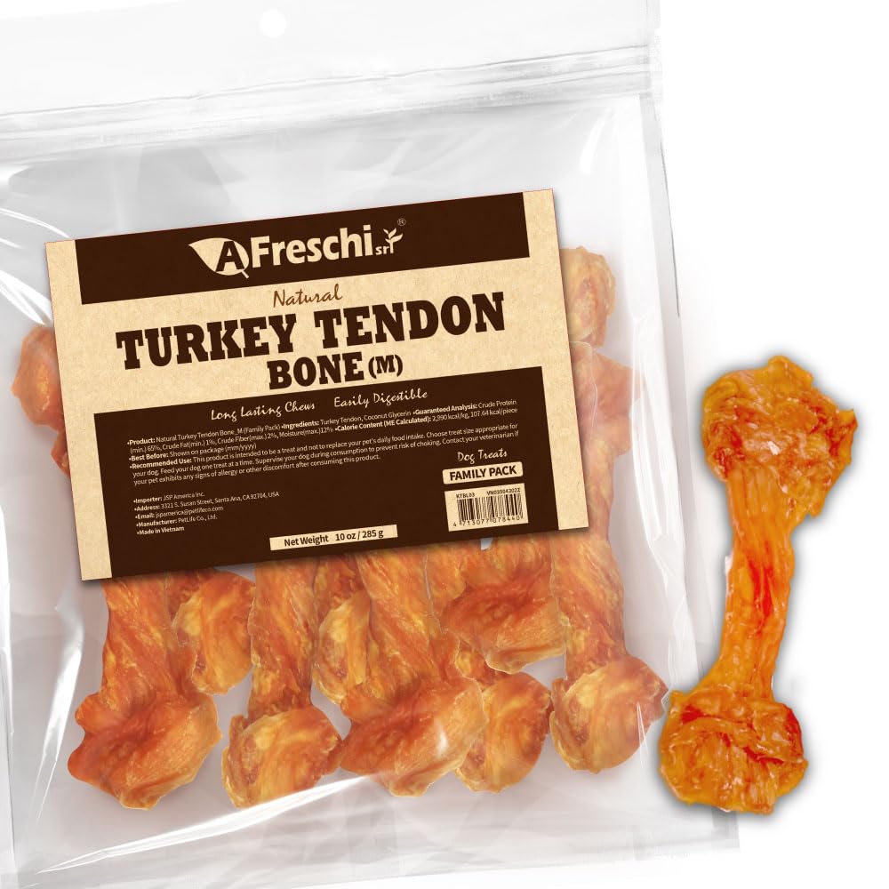AFreschi Turkey Tendons for Dogs, USA-Sourced, Healthy Dog Treats, Rawhide-Free Puppy Chews, Long Lasting, All Natural, Hypoallergenic Dog Treats for Medium Breeds, 6 Count Pack Braid (M)