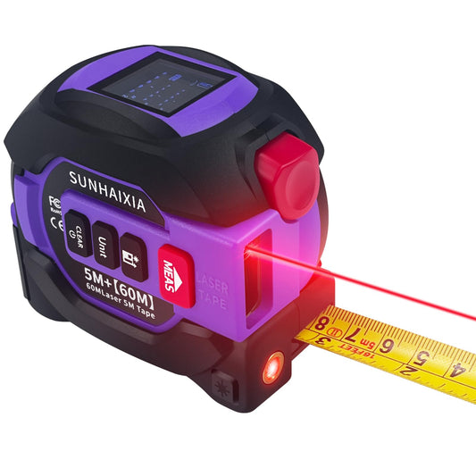 3 in 1 Digital Laser Tape Measure, 197ft/60m Laser Distance Meter, 16ft/5m Digital Tape Measure with Cross Line, AutoLock, ft/in/m Unit Switch, Measure Area, Volume, Pythagorean (Purple)