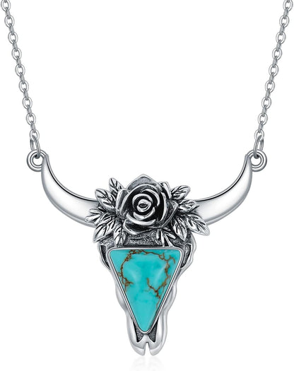 Turquoise Cow Skull Necklace 925 Sterling Silver Head Skull Pendant Bohemian Western Jewelry Gifts for Women Cowgirl