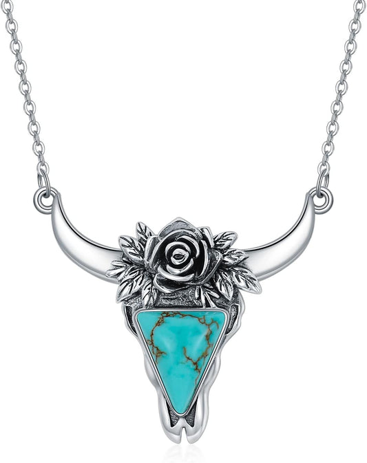 Turquoise Cow Skull Necklace 925 Sterling Silver Head Skull Pendant Bohemian Western Jewelry Gifts for Women Cowgirl