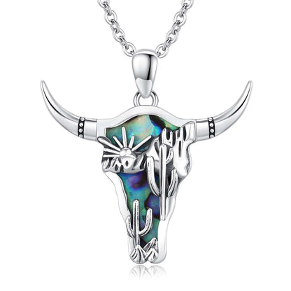 Midir&Etain Western Necklace 925 Sterling Silver Turquoise Pendant Highland Cow/Cow Skull/Hat/Tag/Cactus/Boot Cowgirl Country Jewelry for Women Men