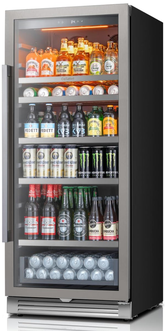 Ca'Lefort Beverage Refrigerator Cooler - 24 Inch Beverage Fridge Under Counter 180 Can with Glass Door, Freestanding or Built-in with 3 Color LED, Drink Cooler for Beer Soda or Wine (Right-Hinged) You'll love this in your family entertainment movie room.
