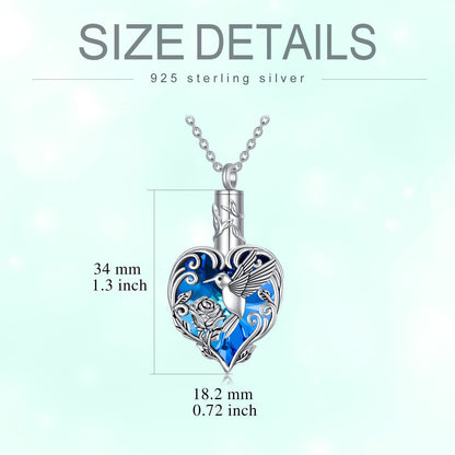 TOUPOP Hummingbird Urn Necklace for Ashes 925 Sterling Silver Heart Cremation Jewelry Keepsake Pendant with Funnel Filler Memorial Christmas Gifts for Women Mom Wife