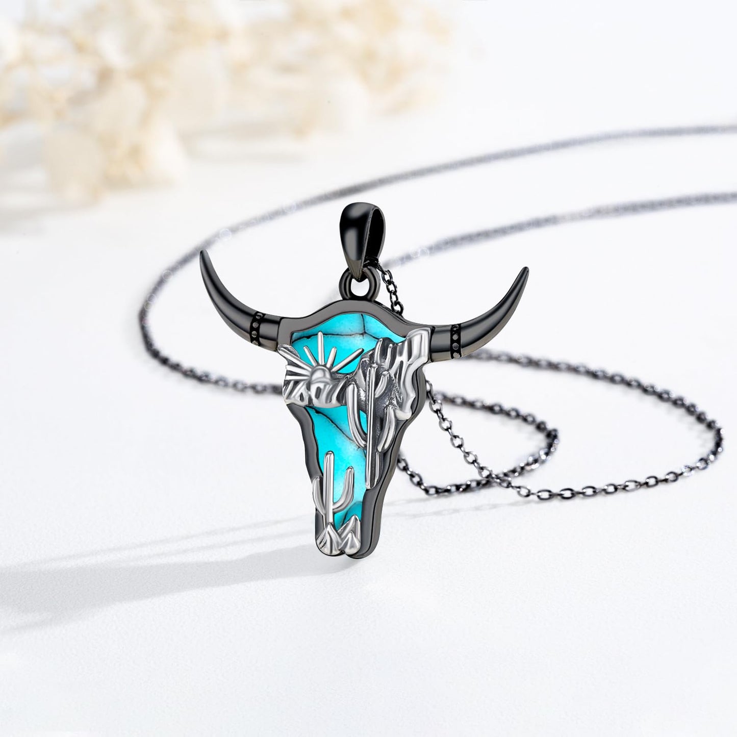 Midir&Etain Western Necklace 925 Sterling Silver Turquoise Pendant Highland Cow/Cow Skull/Hat/Tag/Cactus/Boot Cowgirl Country Jewelry for Women Men