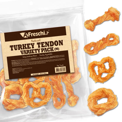 AFreschi Turkey Tendons for Dogs, USA-Sourced, Healthy Dog Treats, Rawhide-Free Puppy Chews, Long Lasting, All Natural, Hypoallergenic Dog Treats for Medium Breeds, 6 Count Pack Braid (M)