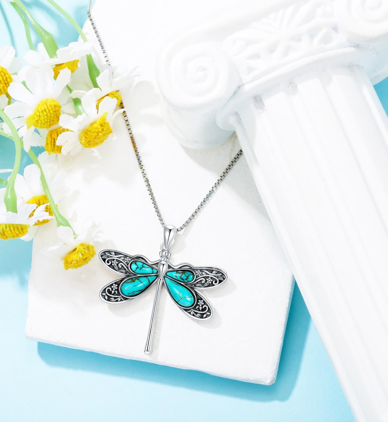 Genuine Turquoise Dragonfly Pendant Necklace, Sterling Silver Vintage Native American Western Jewelry Birthdays Gift for Women