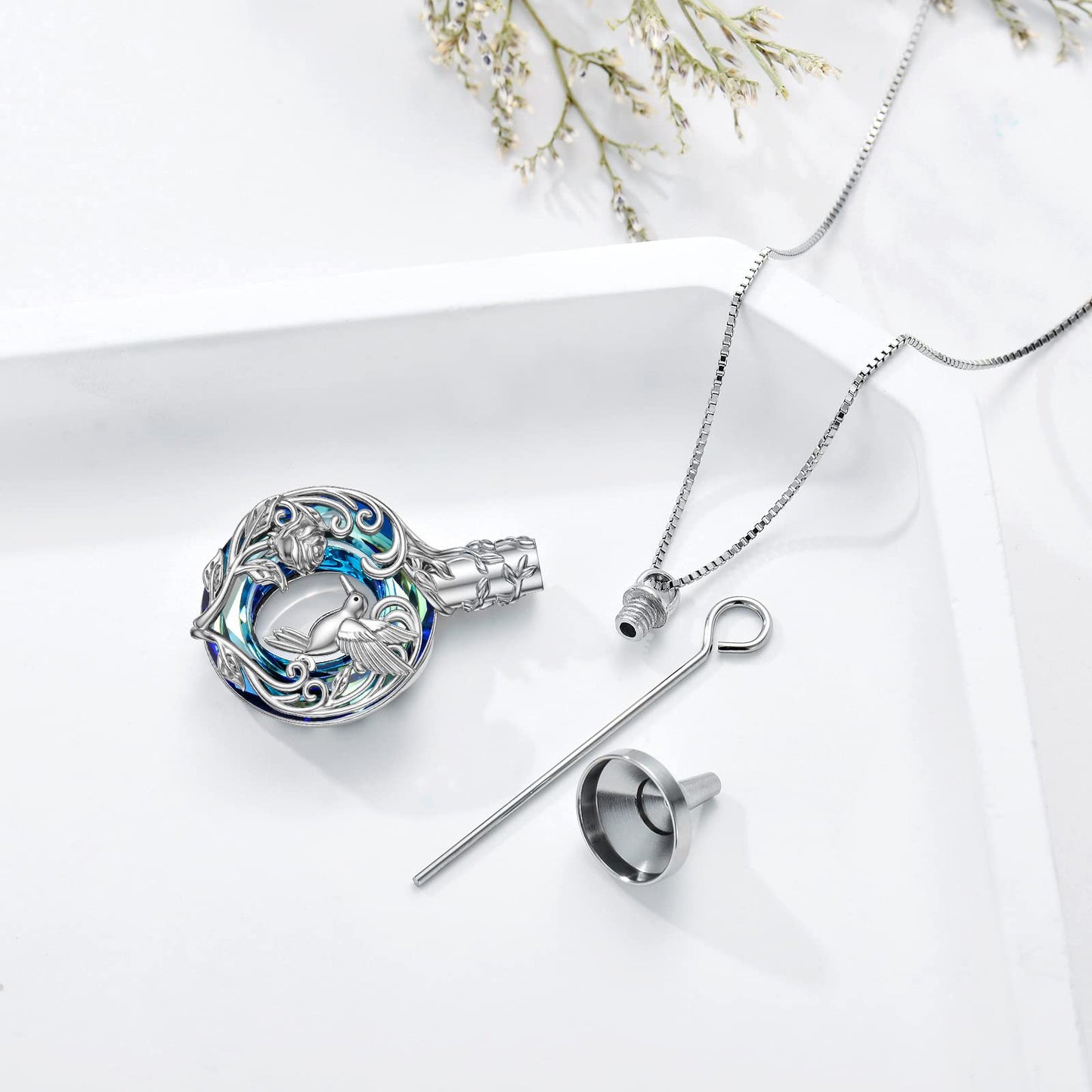 TOUPOP Hummingbird Urn Necklace for Ashes 925 Sterling Silver Heart Cremation Jewelry Keepsake Pendant with Funnel Filler Memorial Christmas Gifts for Women Mom Wife