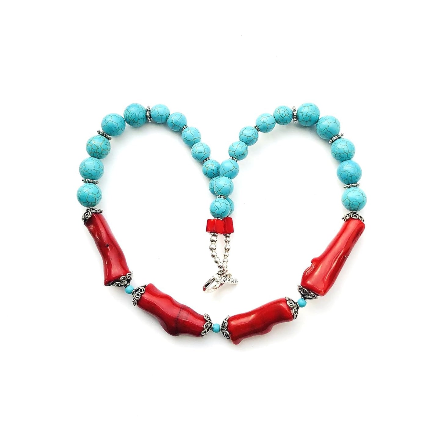 Large Bamboo Coral Beads, Blue Turquoise Beads Southwestern Necklace, Tibetan style spacers Silver Plated Toggle Clasp