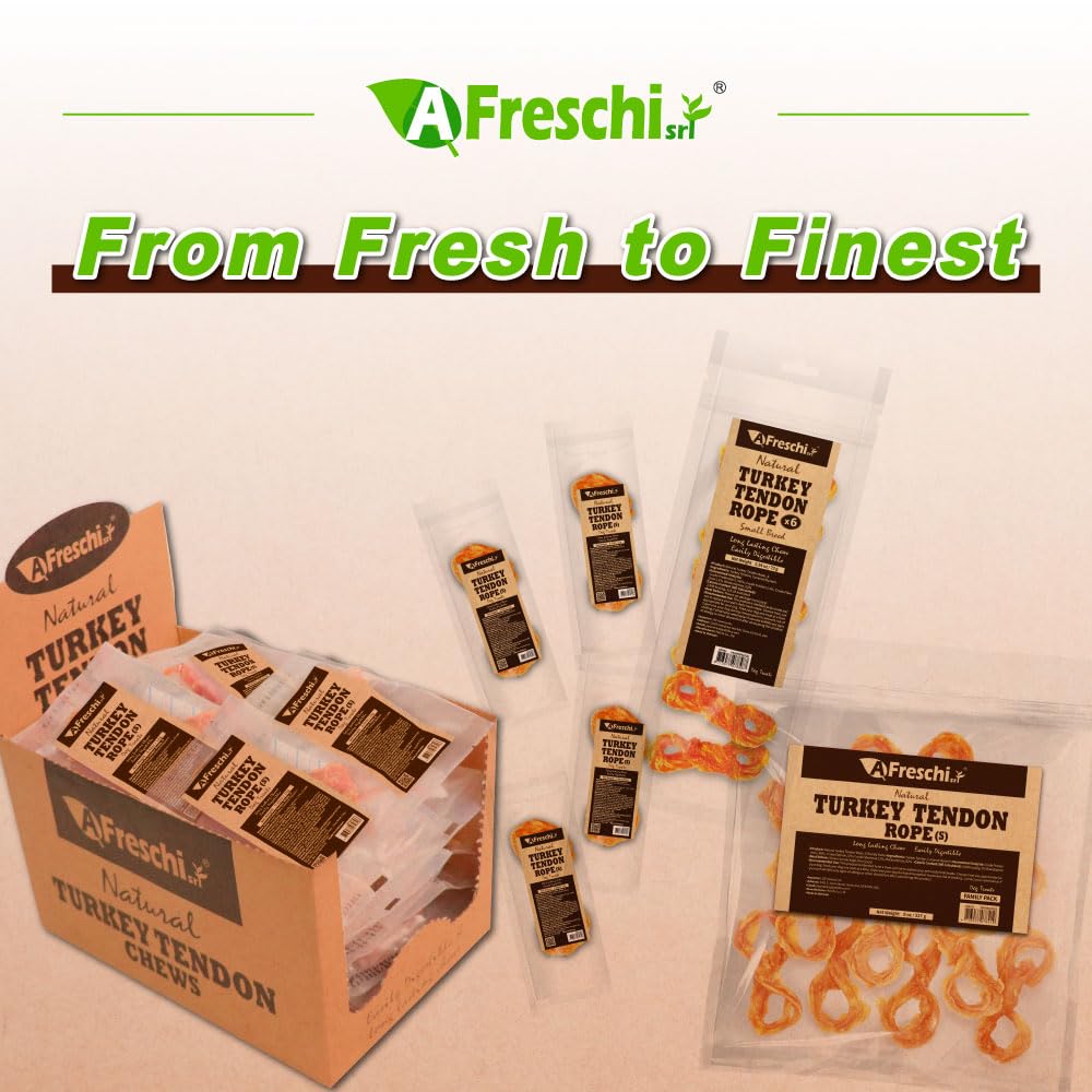 A Freschi srl Turkey Tendons for Dogs, USA-Sourced, Healthy Dog Treats, Rawhide-Free Puppy Chews, Long Lasting, All Natural, Hypoallergenic Dog Treats for Small Breeds, 40 Count Box Bone (S)