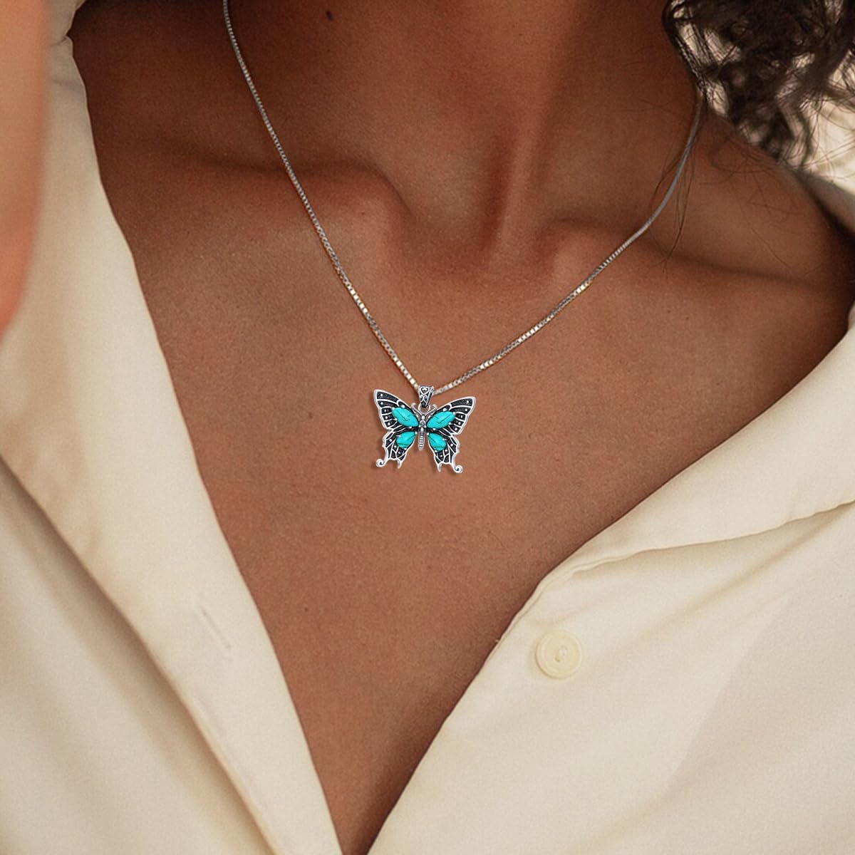 Genuine Butterfly Turquoise Vinatge Necklace, Sterling Silver Vintage Native American Western Jewelry Birthdays Gift for Women