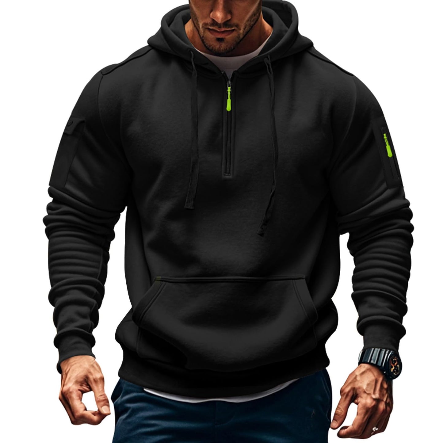 Men's Fleece Workout Athletic Pullover Hoodie Long Sleeve Basic Quarter Zip Pullover Sweatshirt with Kanga Pocket