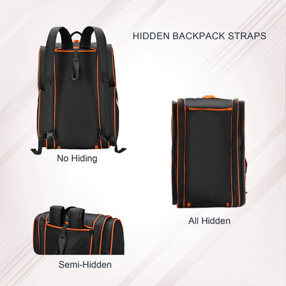 Pickleball Bag - Large Paddle Bag for 4 Paddles & Accessories - Fence Hook, Extra Pockets, Shoe Compartment