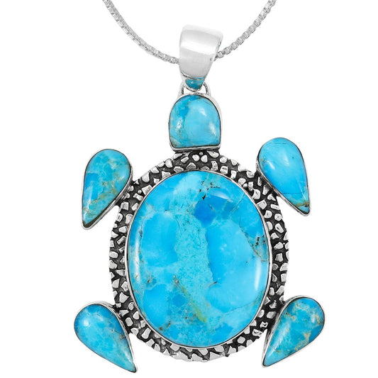 Turtle Turquoise Pendant Necklace 20" Sterling Silver 925 Genuine Gemstones (Choose Color)