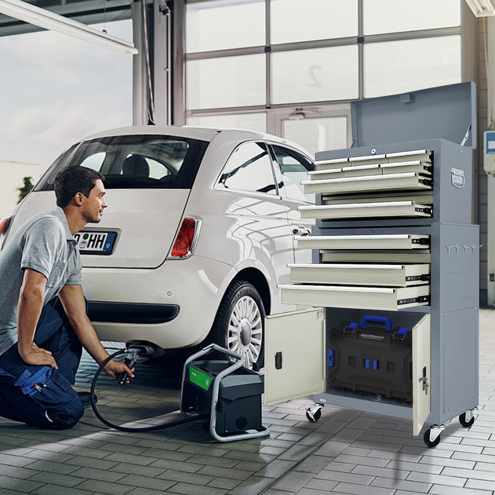 13-Drawer Double Door Rolling Tool Chest, 2 in 1 Detachable Tool Chest,Tool Box with Drawers and Wheels, Large Tool Cabinet with Lock, Metal Standing Toolbox for Garage Workshop-Red