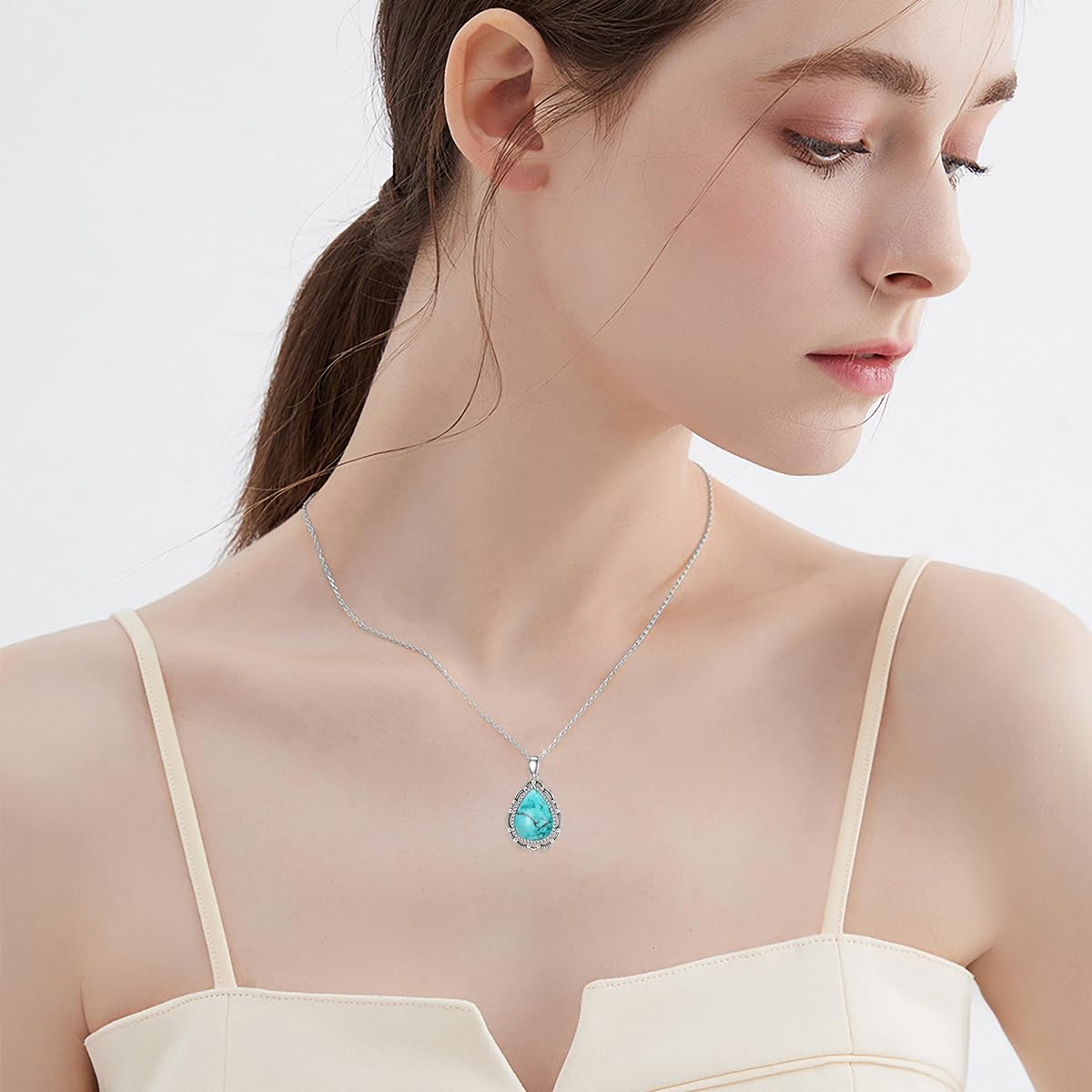 Turquoise Necklace 925 Sterling Silver Natural Turquoise Gemstone Pendant Vintage Bohemian Western Jewelry Gifts for Women