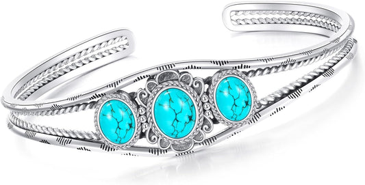 Genuine 3 Turquoise Stone Large Bracelet, Sterling Silver Boho Adjustable Bangle Cuff Native American Jewelry for Women, Fit for 6.5 7 7.5 Inches