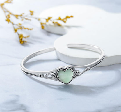 Genuine Turquoise Bracelet, Sterling Silver Native American Boho Adjustable Heart Bangle Cuff Jewelry for Women, Fit for 6.5 7 7.5 Inches