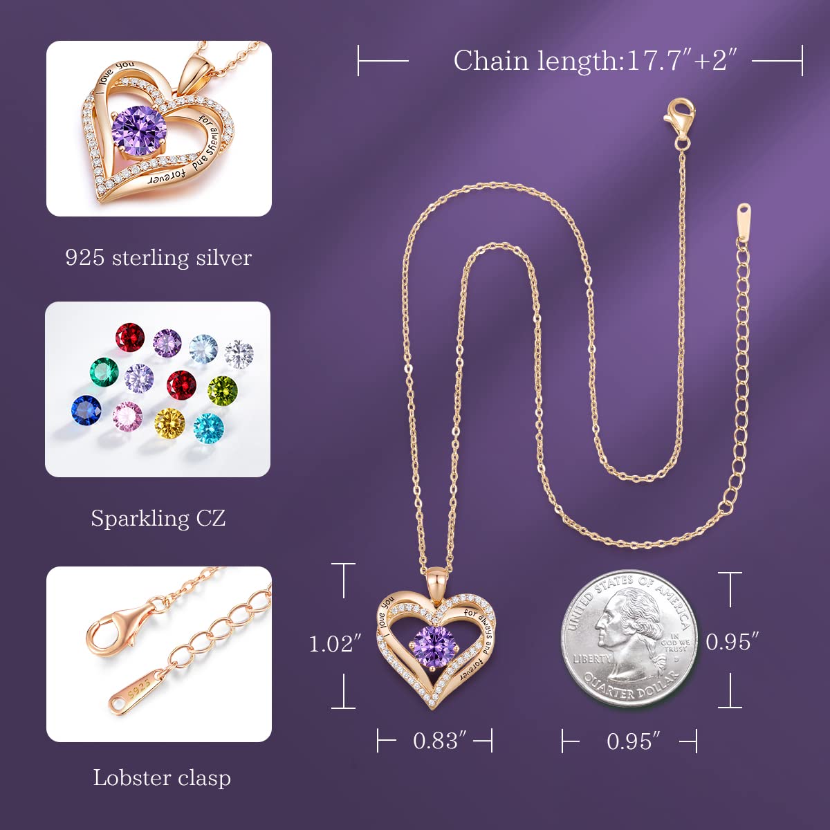 CDE Forever Love Heart Necklaces for Women, Wedding Anniversary, Birthday Mothers Day Christmas Day Gifts for Mom, Mother, Wife, friend, S925 Silver Jewelry with Birthstone Pendant